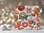 Preview: Lebkuchen-Thermobecher mit weihnachtlichem Design, Zuckerstangen, Lebkuchenfiguren und Stechpalmenmotiv, 590 ml, perfekt für heiße oder kalte Getränke in der Weihnachtszeit.